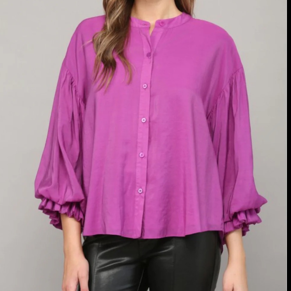 Pink Puff Sleeve Button Down Shirt